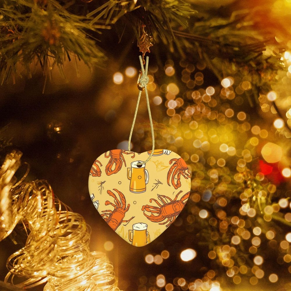 Beer and Crawfish Pattern Christmas Tree Ceramic Hanging Ornaments with Gold String Two-Side Printed Heart Ceramic Ornaments Keepsake Decoration for Christmas Holiday Wedding Party Supplies