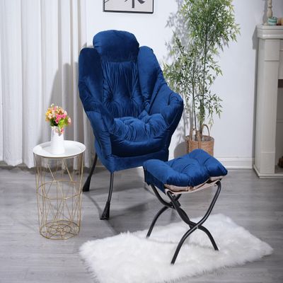 Modern Lazy Chair with Ottoman, Accent Contemporary Lounge Chair with Armrests and a Side Pocket, Leisure Upholstered Sofa Chair Reading Chair with Footrest for Small Space, Corner Chair (Blue)