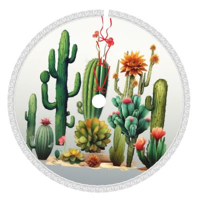 Cactus Christmas Tree Skirt with Tassel 36" Christmas Tree Decorations for Indoor Outdoor Xmas Ornament Tree Mat Christmas Decor Tree Skirts for Holiday Party