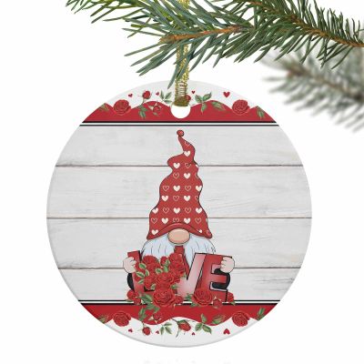 2024 Christmas Ornament Xmas Tree Hanging Accessories,Valentine's Day Dwarfs and Romantic Roses Christmas Tree Round Ceramic Ornaments for Holiday Party Home Decor,Gnome on Vintage Wood Grain