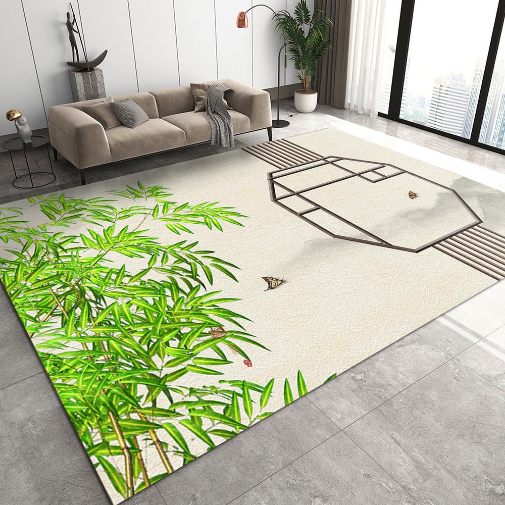 Area Rugs 4x5ft, Chinese Style Green Bamboo Living Room Rug, Classical and Elegant Decoration Indoor Decor Carpet, Non-Slip Easy to Clean for Kids Boys Girls Game Room Tea Table Sofa