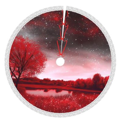 Starry Sky Red Landscape Christmas Tree Skirt with Tassel 36" Christmas Tree Decorations for Indoor Outdoor Xmas Ornament Tree Mat Christmas Decor Tree Skirts for Holiday Party
