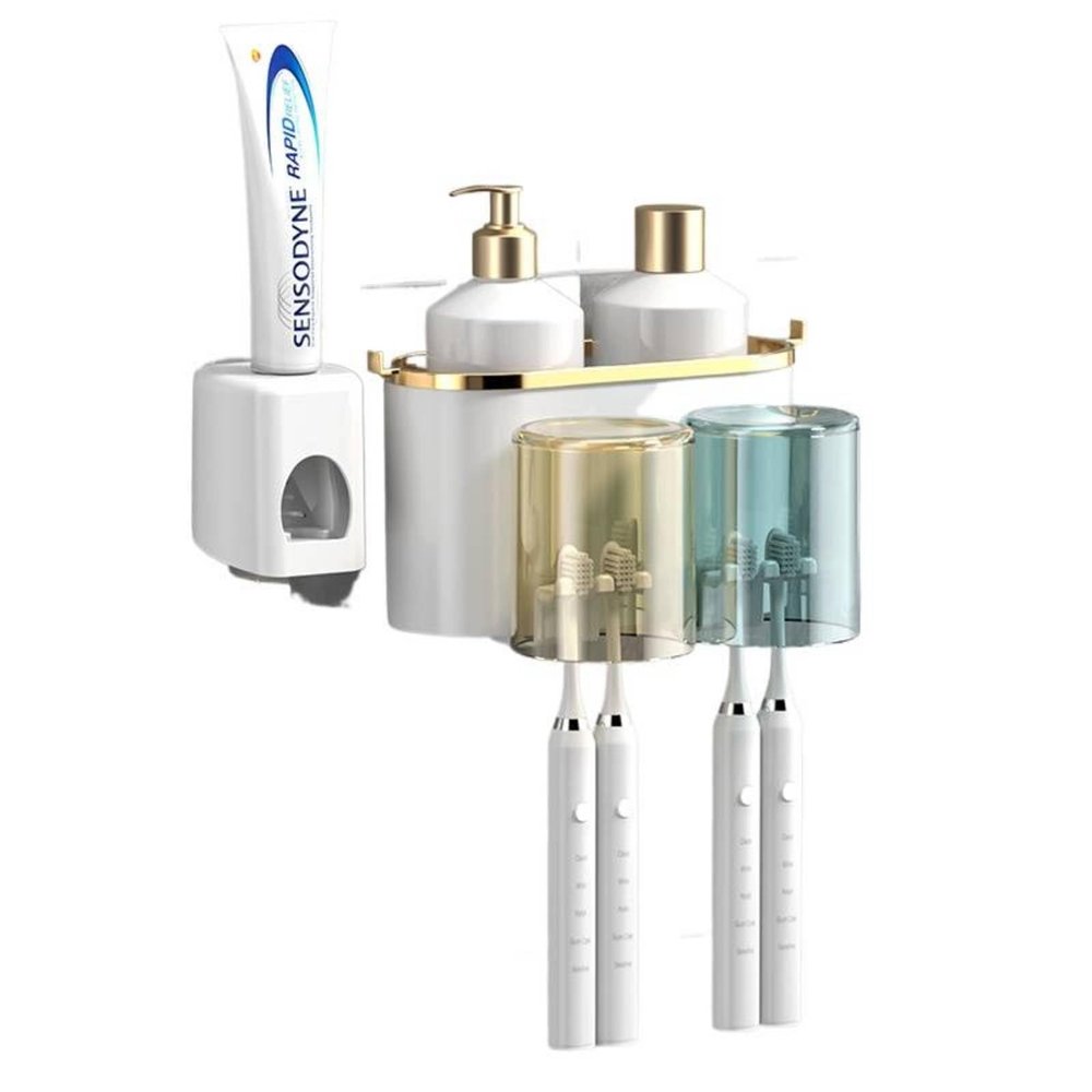 Fixizy Toothbrush Rack Mouthwash Cup Wall Hanging Bathroom Storage Automatic Toothpaste Dispenser Punch-Free