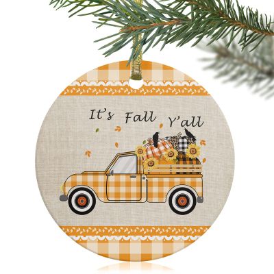 2024 Christmas Ornament Xmas Tree Hanging Accessories,Thanksgiving Farm Orange Check Linen Texture Christmas Tree Round Ceramic Ornaments for Holiday Party Home Decor,Fall Truck with Pumpkins