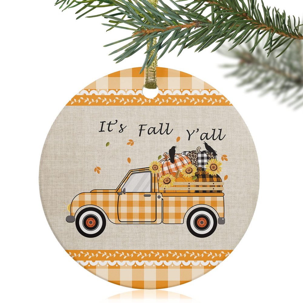 2024 Christmas Ornament Xmas Tree Hanging Accessories,Thanksgiving Farm Orange Check Linen Texture Christmas Tree Round Ceramic Ornaments for Holiday Party Home Decor,Fall Truck with Pumpkins