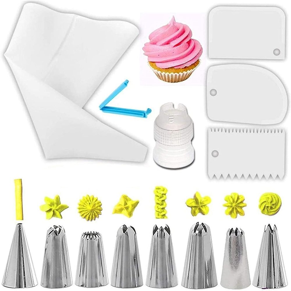 Cake Piping Tips 14pcs Reusable Piping Nozzle Pastry Bag Scraper Flower Cream Tips Converter Stainless Steel Nozzles Set