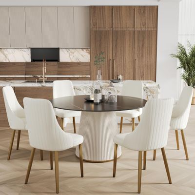 59'' Round Marble Dining Table for 6,Modern Black Sintered Stone Top Kitchen Table with Solid Wood Panel PedestalFaux Marble Circle Dining Table for Dining Room,Wrapped in PU Leather(Only Table)