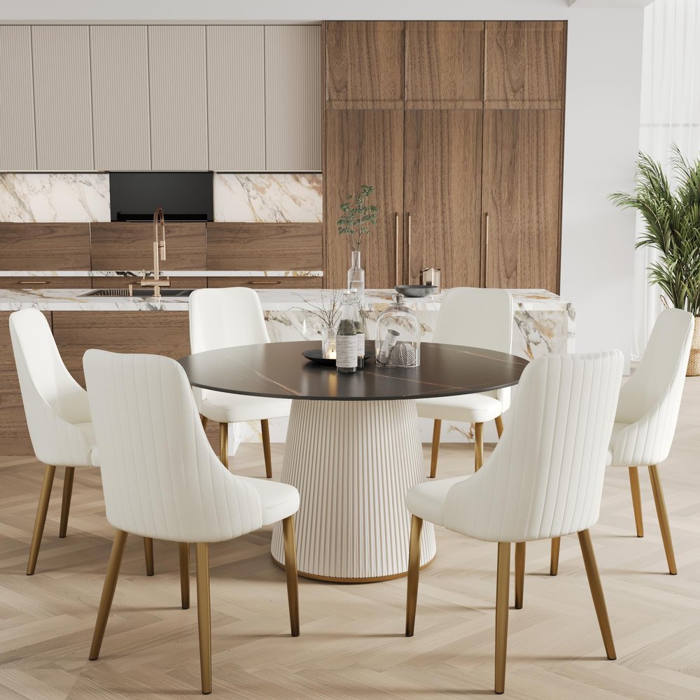 59'' Round Marble Dining Table for 6,Modern Black Sintered Stone Top Kitchen Table with Solid Wood Panel PedestalFaux Marble Circle Dining Table for Dining Room,Wrapped in PU Leather(Only Table)