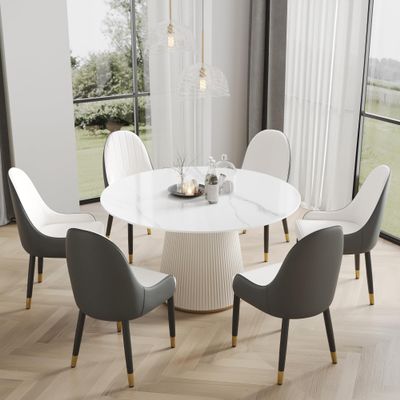 53'' Round Marble Dining Table for 4, Modern White Sintered Stone Top Kitchen Table for Dining Room,Faux Marble Circle Dining Table with Solid Wood Panel Pedestal,Wrapped in PU Leather(Only Table)