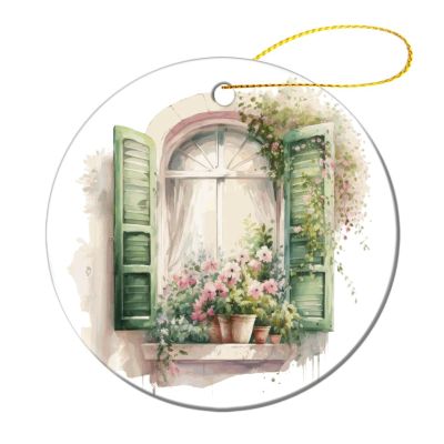 2023 Christmas Ornament, Romantic Window and Pink Flower Spring Painting Xmas Decoration Pendant Hanging On Christmas Tree, 3 Inch Funny Ceramic Keepsake 2 PCS