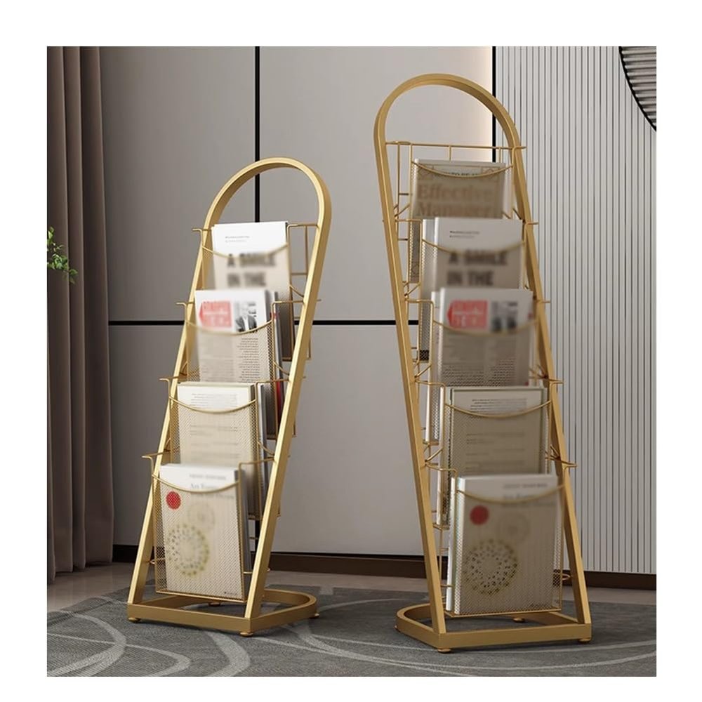 GRRICEPL Brochure Display Stand 4/5-Layer Floor-Standing Magazine Rack, Metal Single Page Rack, for Exhibitions, Office, Requiring Information Display (Color : Gold, Size : 33x33x98cm)