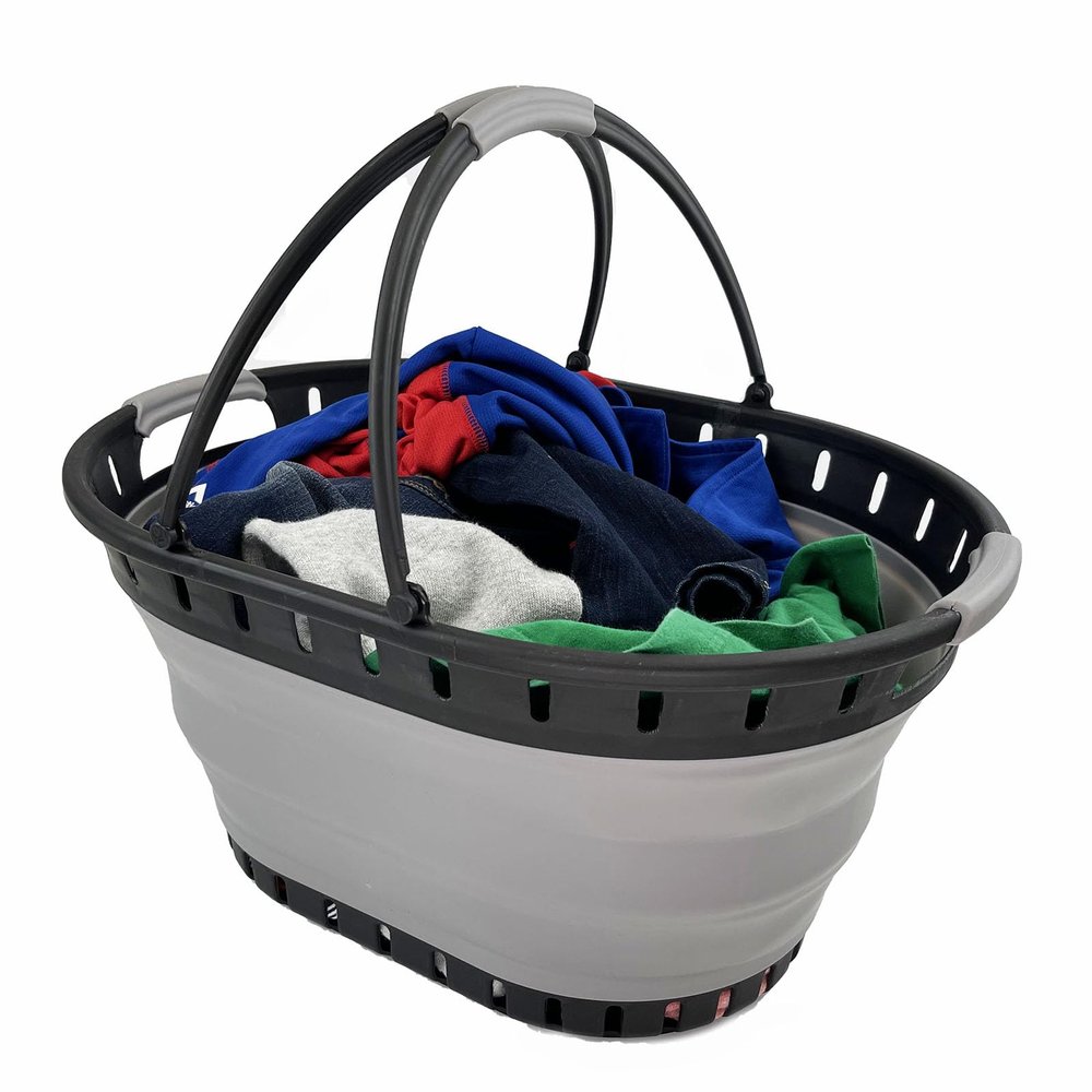 SAMMART 25L (6.6 gallons) Collapsible Plastic Laundry Basket with Handle - Foldable Pop Up Storage Container/Organizer - Portable Shopping Basket - Pop up saving (Black/Alloy Grey)