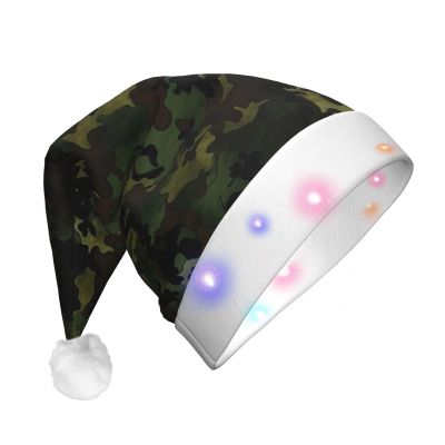 Dwrepo Camouflage Pattern Christmas Hat with LED Lights Adult Santa Hat Plush Xmas Hat for Women Men Party Supplies