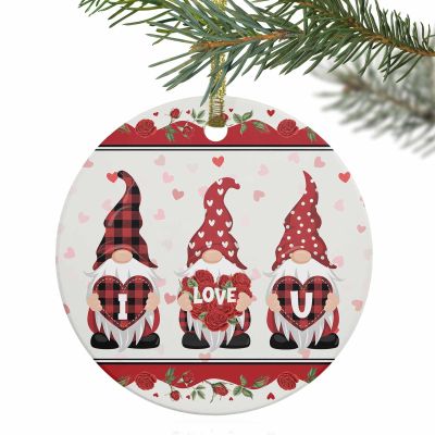 2024 Christmas Ornament Xmas Tree Hanging Accessories,Valentine's Day I Love U Quotes Christmas Tree Round Ceramic Ornaments for Holiday Party Home Decor,Gnomes with Hearts and Romantic Rose Vine