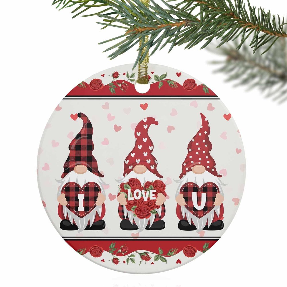 2024 Christmas Ornament Xmas Tree Hanging Accessories,Valentine's Day I Love U Quotes Christmas Tree Round Ceramic Ornaments for Holiday Party Home Decor,Gnomes with Hearts and Romantic Rose Vine