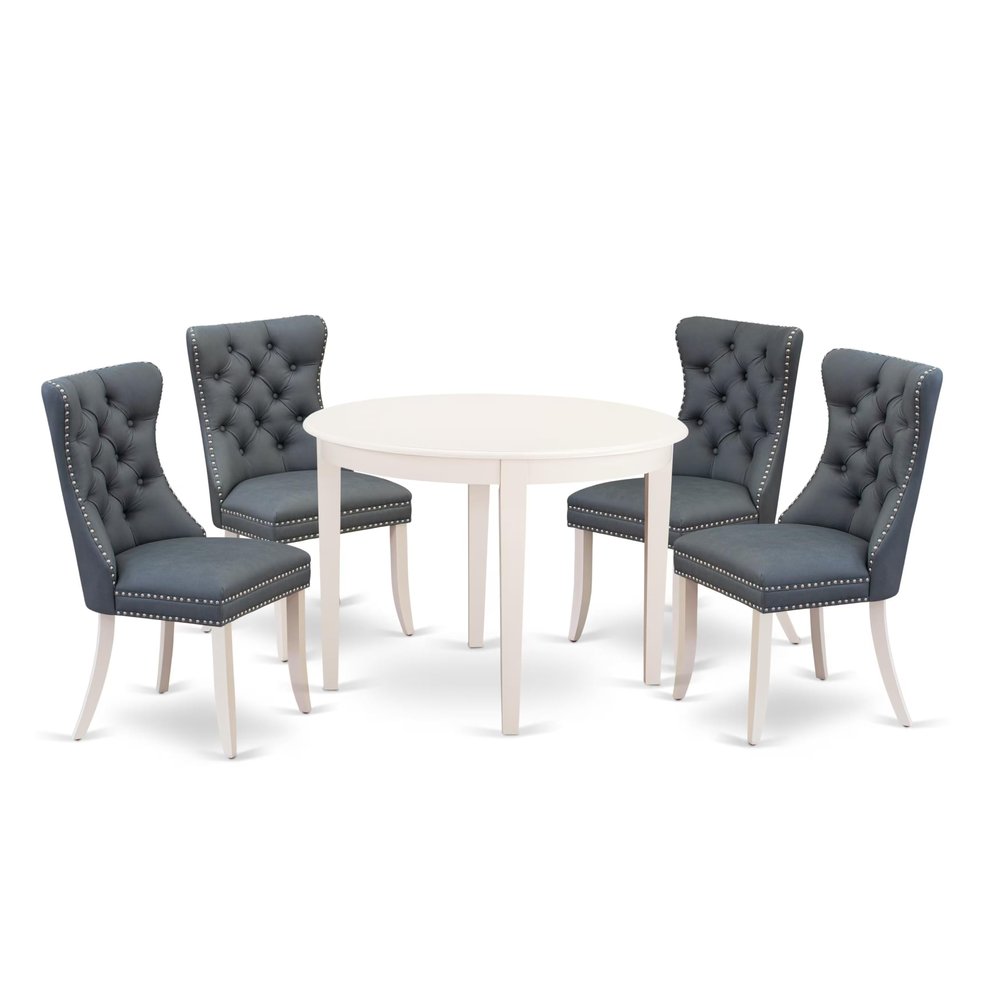 East West Furniture BODA5-WHI-13 5 Piece Dining Set Contains a Round Kitchen Table and 4 Polyester Fabric Upholstered Parson Chairs, Linen White