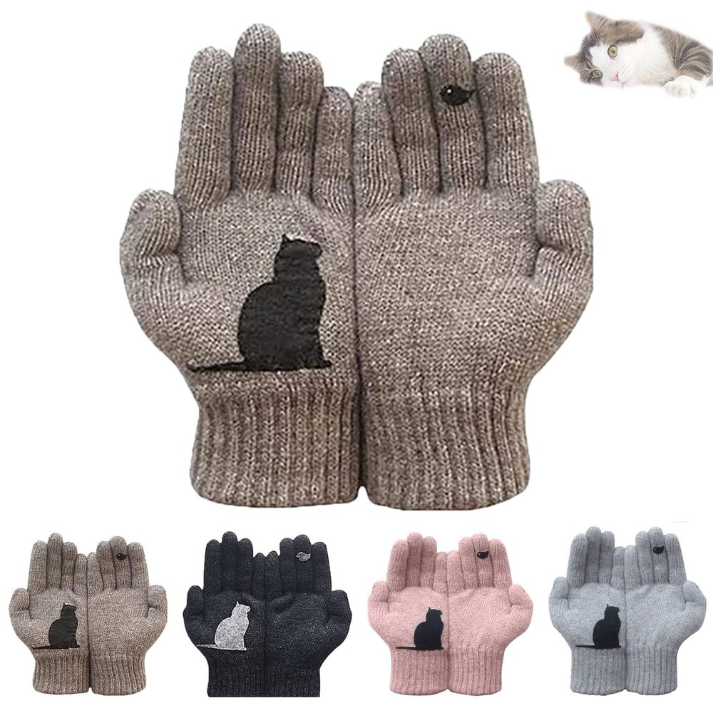 Jfxgjuv Cat Fan Cotton Gloves, Cat Bird Print Gloves, Winter Gloves Cat Print Gloves, Outdoor Thermal Cat and Bird Print Gloves (One Size, Khaki)