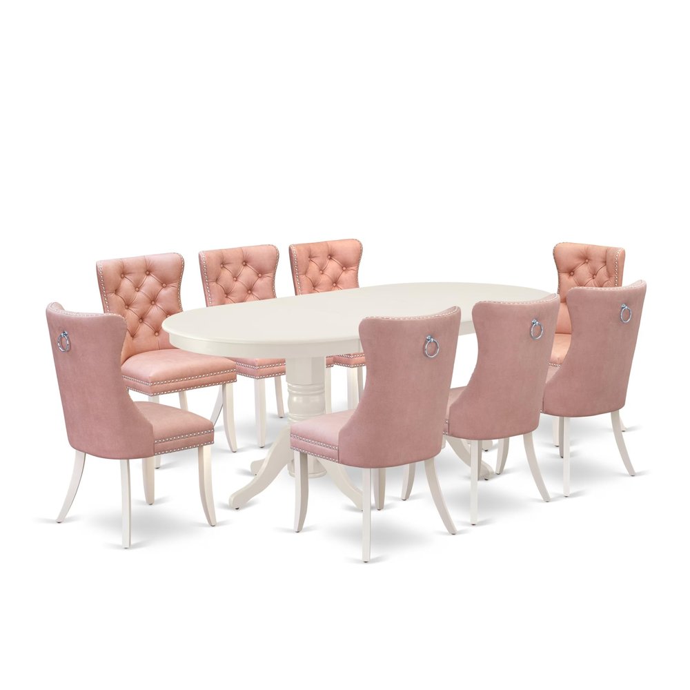 East West Furniture VADA9-LWH-23 9 Piece Dining Table Set Consists of an Oval Kitchen Table with Butterfly Leaf and 8 Polyester Fabric Chairs, Linen White
