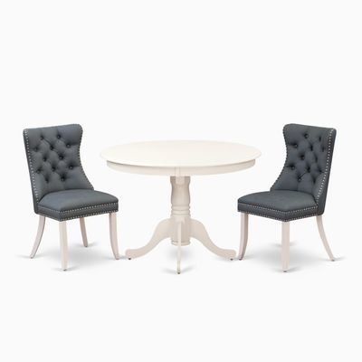 East West Furniture HLDA3-LWH-13 3 Piece Dining Set Contains a Round Kitchen Table with Pedestal and 2 Polyester Fabric Upholstered Parson Chairs, Linen White