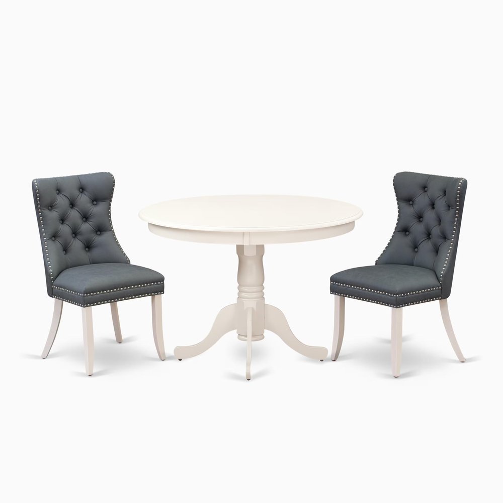 East West Furniture HLDA3-LWH-13 3 Piece Dining Set Contains a Round Kitchen Table with Pedestal and 2 Polyester Fabric Upholstered Parson Chairs, Linen White