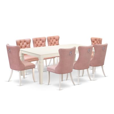 East West Furniture LGDA9-LWH-23 9 Piece Kitchen Set Contains a Rectangle Dining Table with Butterfly Leaf and 8 Polyester Fabric Upholstered Chairs, linen white