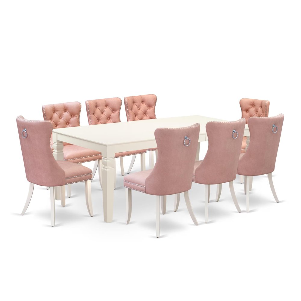 East West Furniture LGDA9-LWH-23 9 Piece Kitchen Set Contains a Rectangle Dining Table with Butterfly Leaf and 8 Polyester Fabric Upholstered Chairs, linen white