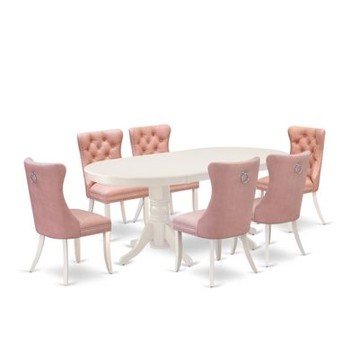 East West Furniture VADA7-LWH-23 7 Piece Dinette Set Contains an Oval Dining Table with Butterfly Leaf and 6 Polyester Fabric Upholstered Chairs, Linen White