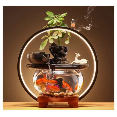 Tabletop Water Fountain Indoor Relaxation Desktop Ceramic Tabletop Fountain with Glass Fish Tank, Wooden Base and LED Light, Indoor Zen Desktop Relaxing Water Feature - Interior Spa and Yoga Decoratio
