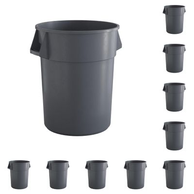 Krollen Industrial 10-Pack! 55 Gallon Gray Round Commercial Trash Can, Perfect for Restaurant, Office, School, Garage, Backyard, Workshop, Warehouse