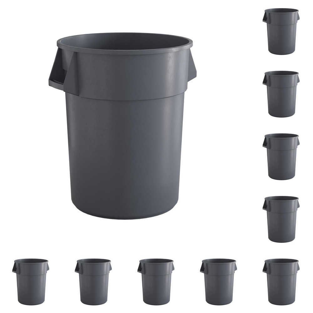 Krollen Industrial 10-Pack! 55 Gallon Gray Round Commercial Trash Can, Perfect for Restaurant, Office, School, Garage, Backyard, Workshop, Warehouse