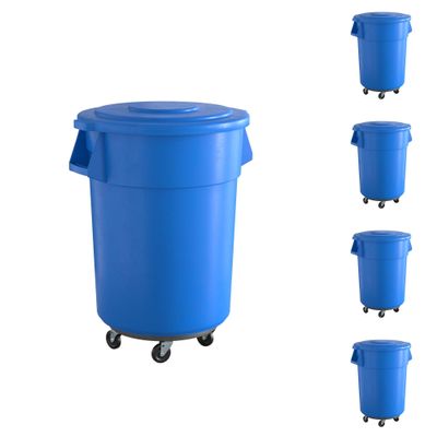 5-Pack! 55 Gallon Blue Round Commercial Trash Can with Lid and Dolly, Perfect for Restaurant, Office, School, Garage, Backyard, Workshop, Warehouse