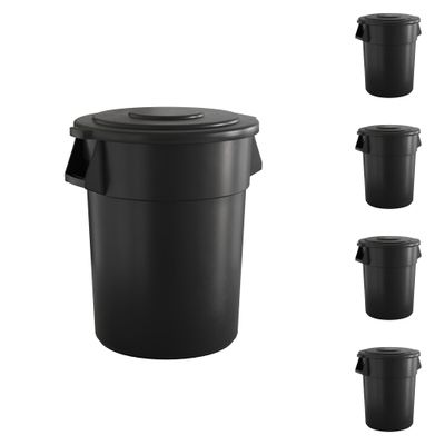 5-Pack! 55 Gallon Black Round Commercial Trash Can and Lid, Perfect for Restaurant, Office, School, Garage, Backyard, Workshop, Warehouse