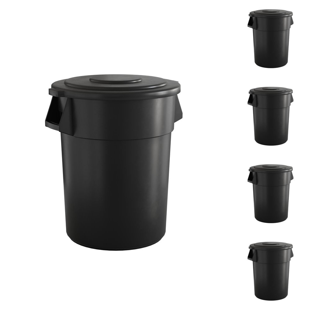 5-Pack! 55 Gallon Black Round Commercial Trash Can and Lid, Perfect for Restaurant, Office, School, Garage, Backyard, Workshop, Warehouse
