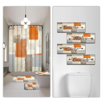 Lnond Orange 4Pcs Bathroom Shower Curtain Sets with Rugs +4 Pieces Bathroom Wall Art, Relax Soak Unwind Breathe Orange Abstract Bathroom Signs Decor