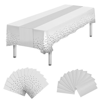 Ammbeetty 24 Packs Disposable Tablecloth Rectangle Table & Satin Table Runner, White & Silver, 54 x 108 Inch, 12 People
