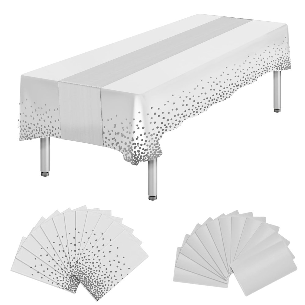 Ammbeetty 24 Packs Disposable Tablecloth Rectangle Table & Satin Table Runner, White & Silver, 54 x 108 Inch, 12 People