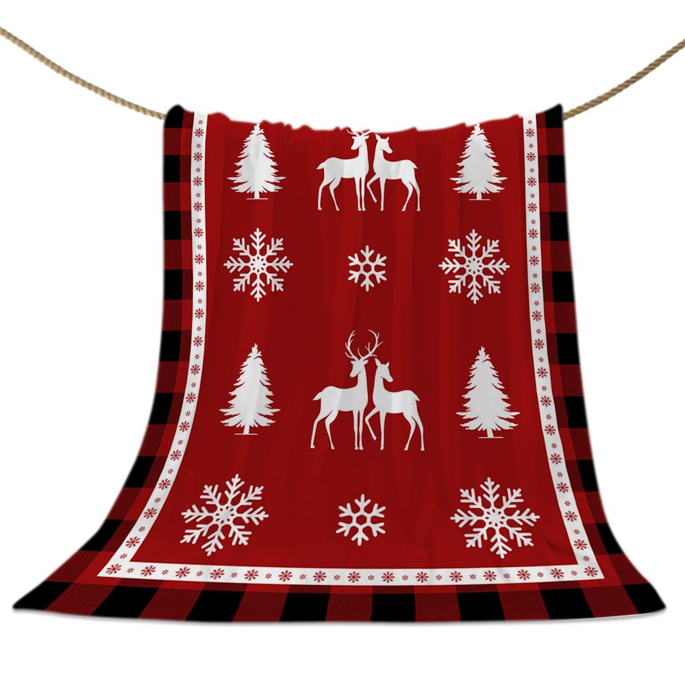 Christmas Throw Blanket Elk Deer Snowflake Blanket Soft Warm Cozy Flannel Fleece Blanket Reindeer Buffalo Plaid Checkered Christmas Blankets for Home Sofa Chair Beds Christmas Decoration 60" x 80"