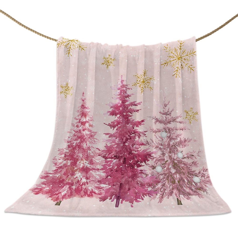 Christmas Throw Blanket Pink Pine Tree Blanket Soft Warm Cozy Flannel Fleece Blanket Gold Snowflake Christmas Blankets for Home Sofa Chair Beds Christmas Decoration 50" x 60"