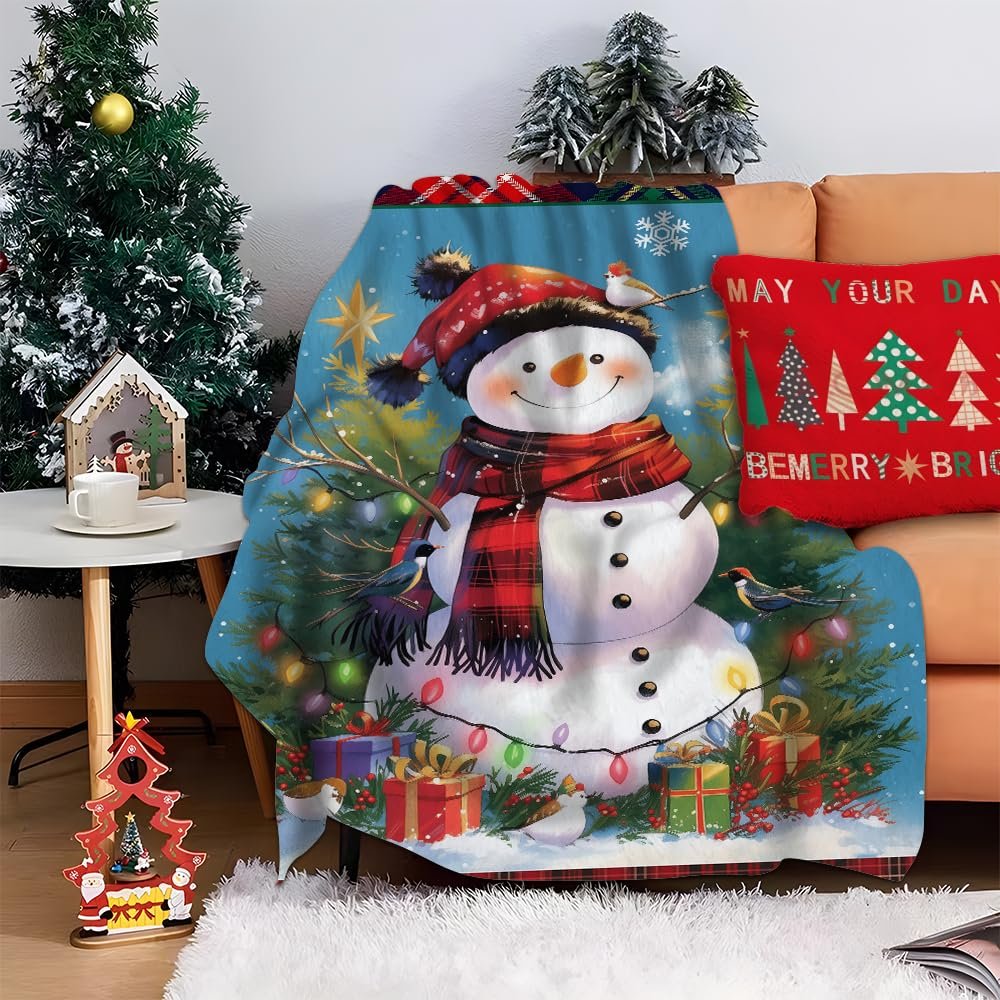 Snowman Christmas Fleece Blanket Super Soft Cozy Throw Blanket Throw 50x60inch, Lightweight Fuzzy Comfy Textured Flannel Blanket Warm Plush Throw Blankets for Couch, Sofa, Bed