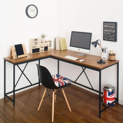 Daesar Corner Desk, Wood and Metal Writing Computer Desk in Brown