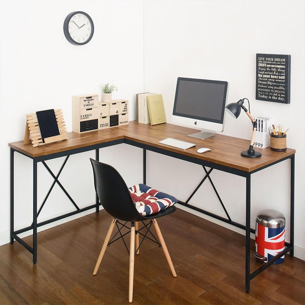 Daesar Corner Desk, Wood and Metal Writing Computer Desk in Brown