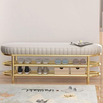 HOBIBA Organizer Shoe Rack Bench for Entryway Shoe Storage Bench with Cushion,2-Tier Metal Bench, with Storage, 6-8 Pairs Shoe Organizer for Hallway (Size:120 * 32 * 45cm,Color:Gold)