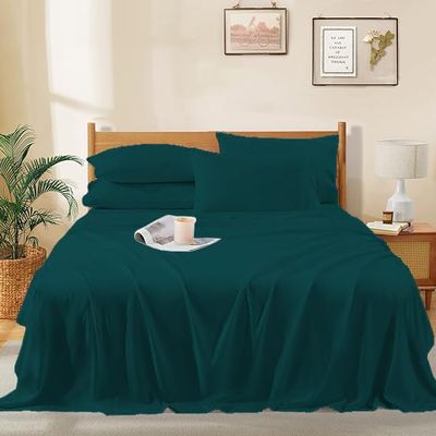 RECCI 4 Piece Sheet Set 100% Egyptian Cotton 1000 Thread Count Extra Super Soft Sateen Weave Bed Sheets 16" Inch Deep Pocket, California King Size - Teal Solid