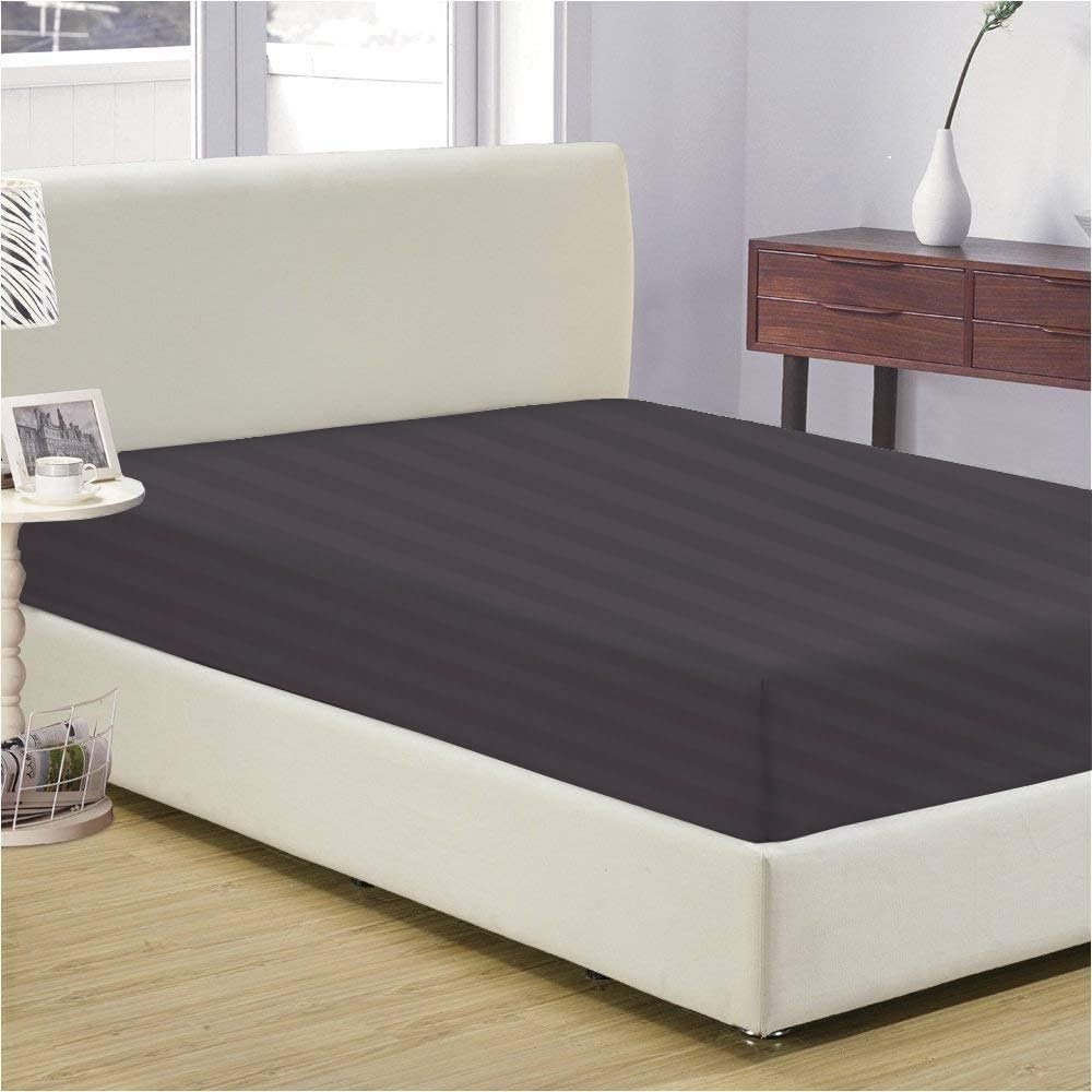 Luxury 1 Piece Fitted Sheet 100% Egyptian Cotton 1000 Thread Count - Full Size - 18" Inch Deep Pocket, Pure Natural Cotton Sheet, Soft & Silky Sateen Weave - Dark Grey Stripe