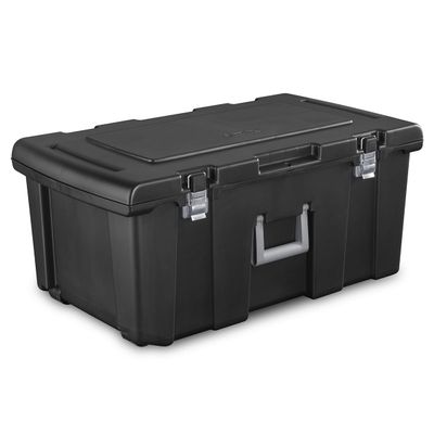 COEWK 23 Gallon Lockable Storage Tote Footlocker Toolbox Container Box with Wheels, Handles, Metal Hinges, and Latches, Black with Gray Clips