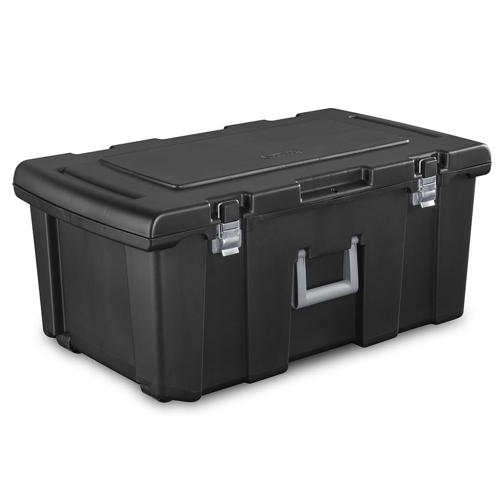 COEWK 23 Gallon Lockable Storage Tote Footlocker Toolbox Container Box with Wheels, Handles, Metal Hinges, and Latches, Black with Gray Clips