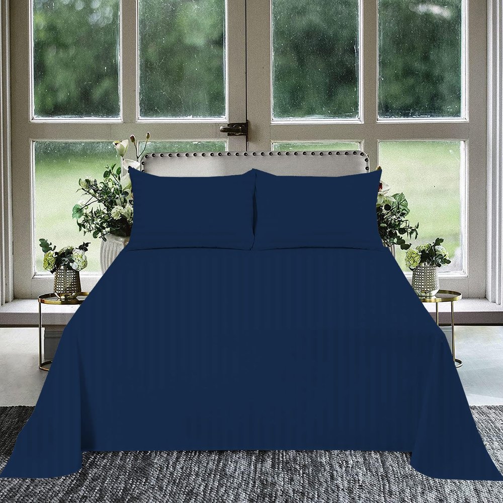 1000 Thread Count 100% Egyptian Cotton 1Pcs Flat Sheets, Twin XL Size (72"X102") Flat Sheet Sateen Weave for Soft & Silky - Navy Blue Stripe