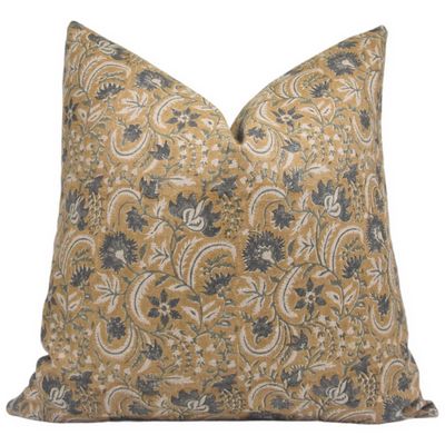 Fabritual Block Print Handmade Thick Linen 18X18 Throw Pillowcase Cushion Cover with Zipper for Sofa, Couch and Bed, Fall Decoration, Farmhouse, Living Room, Home Dcor, Kundanvan, Mustard