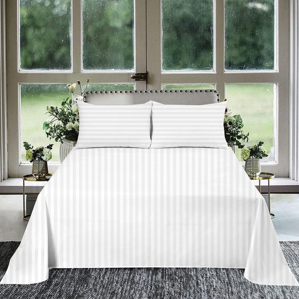 1000 Thread Count 100% Egyptian Cotton 1Pcs Flat Sheets, Full Size (81"X96") Flat Sheet Sateen Weave for Soft & Silky - White Stripe