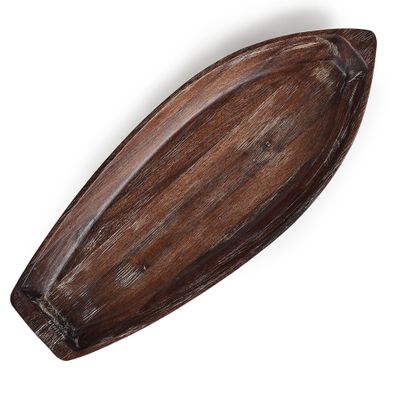 CAMLOT Rustic Wooden Serving Tray, Boat Shape Decorative Tray Vintage Centerpiece, Farmhouse Rustic Trays, Key Tray, Decorative Platter for Countertop Home Decorations- Distressed Brown(Size L)
